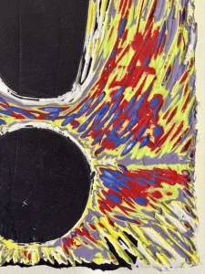 Exclamation Mark On Gouge Carved Background — painting; in acrylic on canvas; black, gray, red and yellow tones — detail 3 of 4, close-up of surface texture