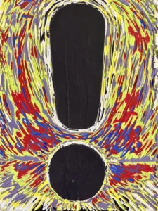Exclamation Mark On Gouge Carved Background — painting; in acrylic on canvas; black, gray, red and yellow tones — detail 4 of 4, close-up of surface texture