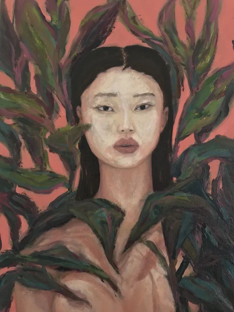Woman Among Foliage — painting; of a single figure; in oil on canvas; black, brown, gray and orange tones