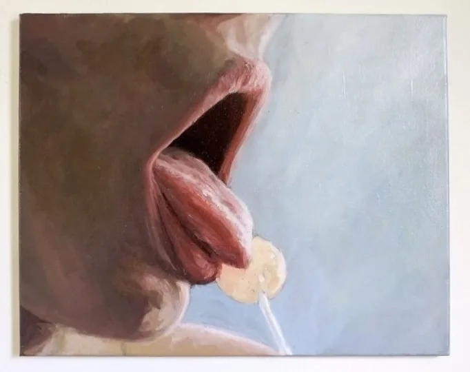 Female Mouth With Lollipop — painting; of a single figure; in oil on canvas; yellow, pink, brown and gray tones