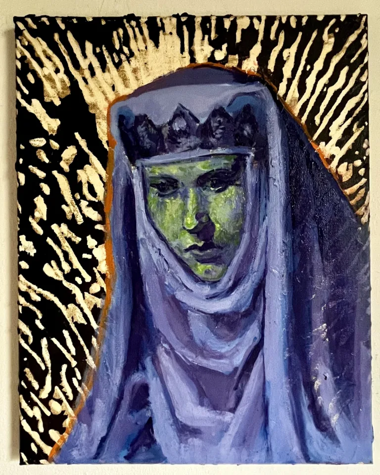 Female Portrait In Green With Purple Garb — painting; in oil on canvas; black tones