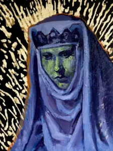 Female Portrait In Green With Purple Garb — painting; in oil on canvas; black tones — detail 1 of 2, close-up of surface texture