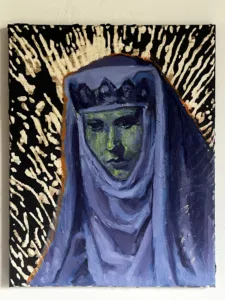 Female Portrait In Green With Purple Garb — painting; in oil on canvas; black tones — detail 2 of 2, close-up of surface texture