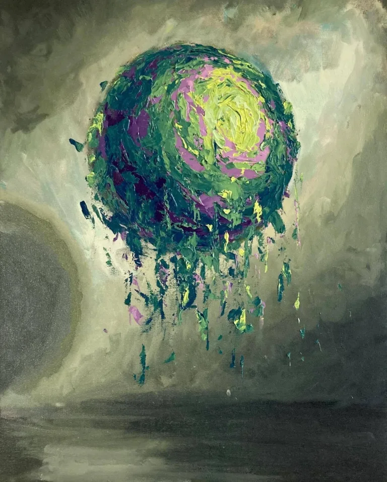 Floating Purple Orb — painting; of an object; in oil on canvas; green tones