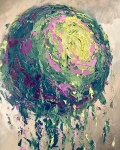 Floating Purple Orb — painting; of an object; in oil on canvas; green tones — detail, close-up of surface texture