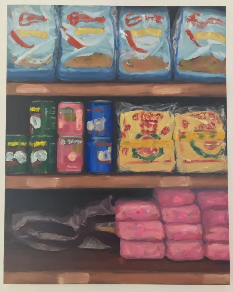 Food Still Life Ranch 99 Market — painting; of a still life; in oil on canvas; yellow, blue, pink and brown tones