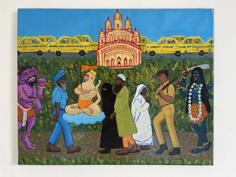 Foot Traffic At Dakshineswar Temple In Calcutta — painting; of a single figure; in oil on canvas