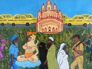 Foot Traffic At Dakshineswar Temple In Calcutta — painting; of a single figure; in oil on canvas — detail 1 of 2, close-up of surface texture