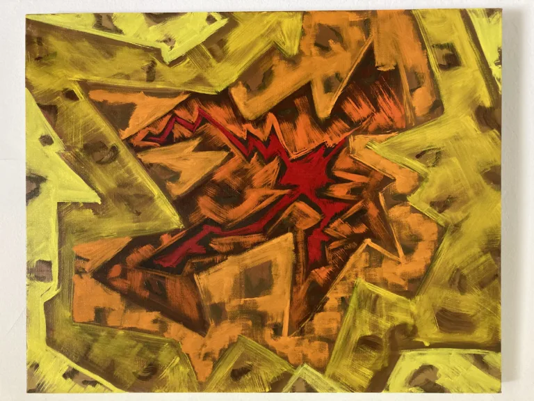 Geometric Sharp Yellow Red Abstraction Layers — painting; in oil on canvas; brown and orange tones