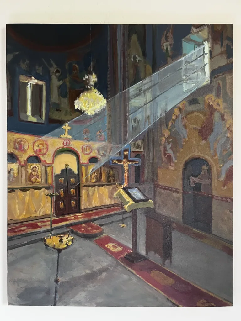 Georgian Orthodox Church Interior — painting; of architecture; in oil on canvas; red, yellow and gray tones