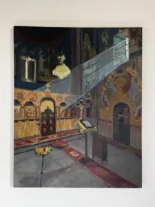 Georgian Orthodox Church Interior — painting; of architecture; in oil on canvas; red, yellow and gray tones — detail 1 of 4, close-up of surface texture