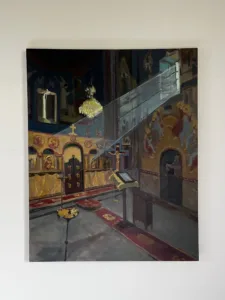 Georgian Orthodox Church Interior — painting; of architecture; in oil on canvas; red, yellow and gray tones — detail 2 of 4, close-up of surface texture