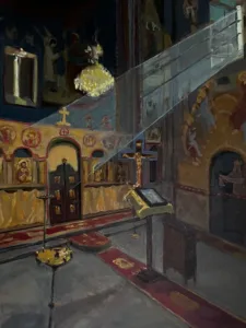 Georgian Orthodox Church Interior — painting; of architecture; in oil on canvas; red, yellow and gray tones — detail 3 of 4, close-up of surface texture