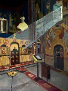 Georgian Orthodox Church Interior — painting; of architecture; in oil on canvas; red, yellow and gray tones — detail 4 of 4, close-up of surface texture