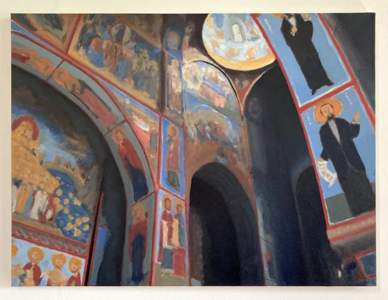 Georgian Orthodox Church Interior Iconography — painting; of architecture; in oil on canvas; black, gray and red tones