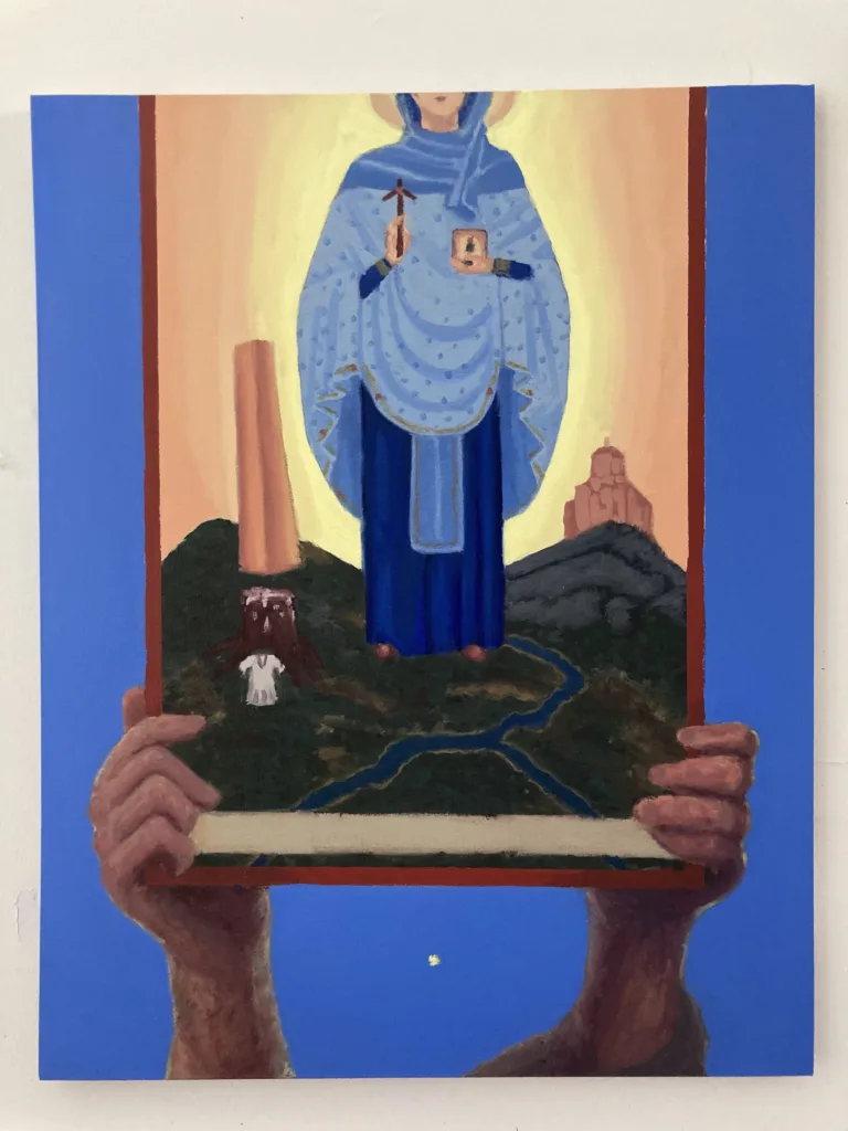 Georgian Orthodox Icon Held In Two Hands — painting; of a single figure; in oil on canvas; black, blue, orange and red tones