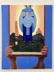 Georgian Orthodox Icon Held In Two Hands — painting; of a single figure; in oil on canvas; black, blue, orange and red tones — detail 1 of 2, close-up of surface texture
