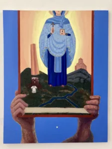 Georgian Orthodox Icon Held In Two Hands — painting; of a single figure; in oil on canvas; black, blue, orange and red tones — detail 2 of 2, close-up of surface texture