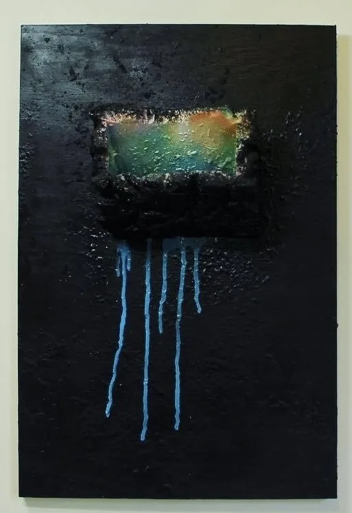 Get In — painting; built up in heavy, tactile impasto; in spray paint; blue and black tones