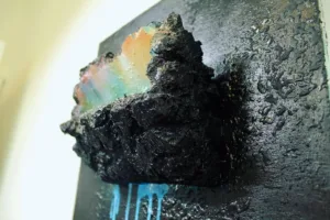 Get In — painting; built up in heavy, tactile impasto; in spray paint; blue and black tones — detail, close-up of surface texture
