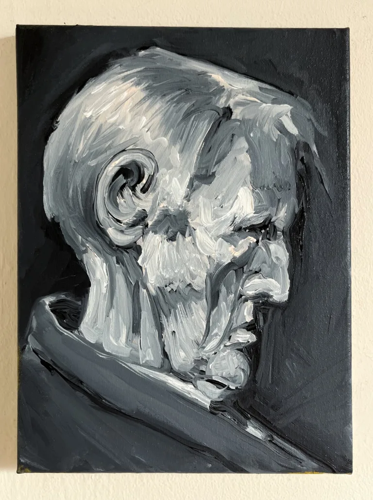 Grayscale Portrait Of Old Man In Side Profile — painting; in oil on canvas; black and monochrome tones