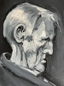 Grayscale Portrait Of Old Man In Side Profile — painting; in oil on canvas; black and monochrome tones — detail, close-up of surface texture