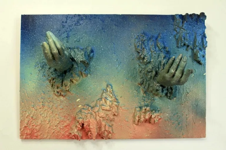 Greek Miracle — painted relief; built up in heavy, tactile impasto; in spray paint; orange, green and blue tones