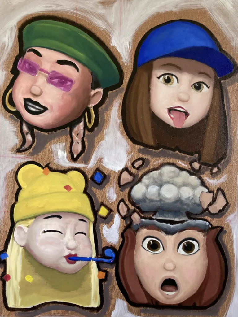 Group Chat 4 Female Memojis — painting; of a portrait; in oil on canvas; brown, orange and red tones