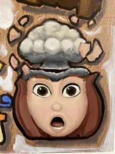 Group Chat 4 Female Memojis — painting; of a portrait; in oil on canvas; brown, orange and red tones — detail 1 of 5, close-up of surface texture