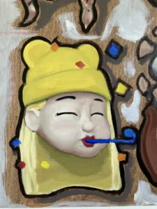 Group Chat 4 Female Memojis — painting; of a portrait; in oil on canvas; brown, orange and red tones — detail 3 of 5, close-up of surface texture