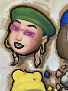 Group Chat 4 Female Memojis — painting; of a portrait; in oil on canvas; brown, orange and red tones — detail 4 of 5, close-up of surface texture