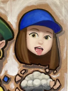 Group Chat 4 Female Memojis — painting; of a portrait; in oil on canvas; brown, orange and red tones — detail 5 of 5, close-up of surface texture