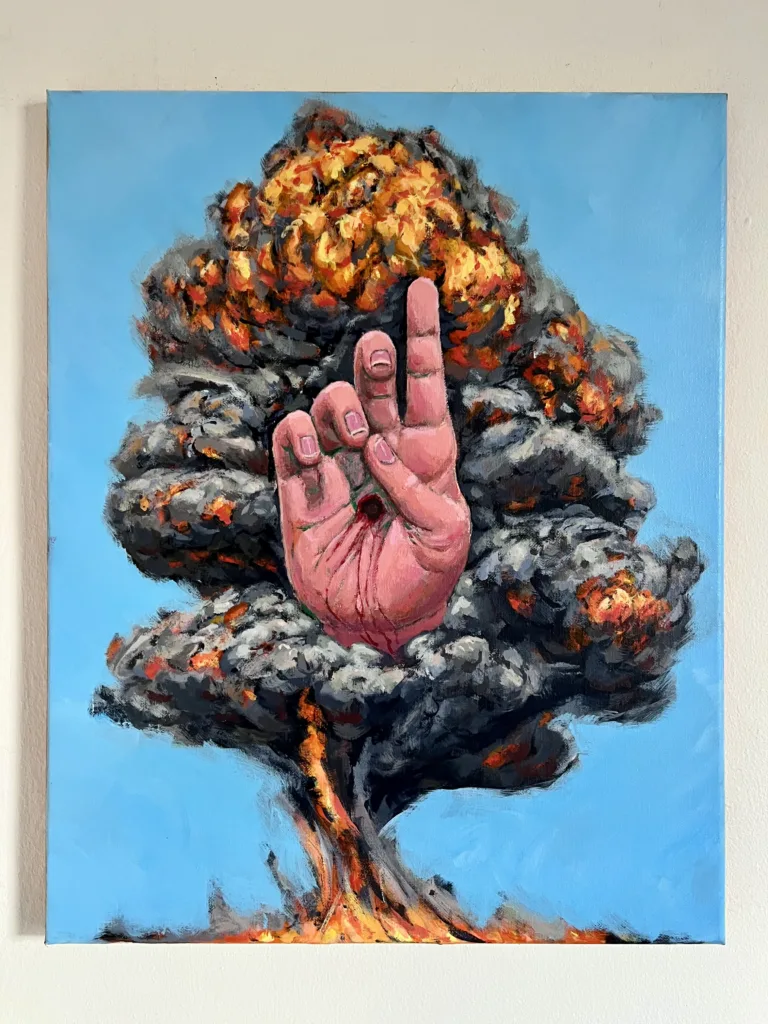 Hand Of God — painting; of a single figure; in acrylic on canvas; red, orange, blue, pink and gray tones