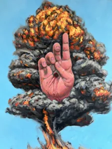 Hand Of God — painting; of a single figure; in acrylic on canvas; red, orange, blue, pink and gray tones — detail, close-up of surface texture