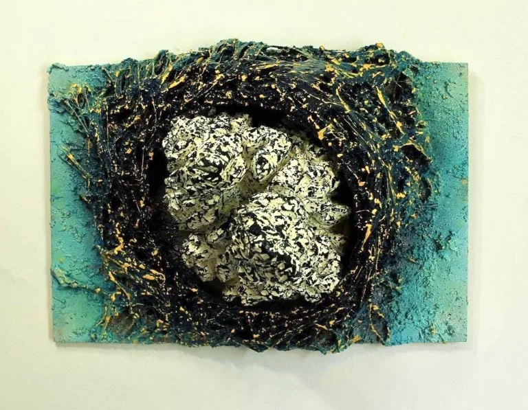 He Descended — painted relief; built up in heavy, tactile impasto; in oil on canvas; yellow, green, blue and white tones