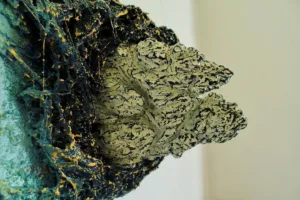 He Descended — painted relief; built up in heavy, tactile impasto; in oil on canvas; yellow, green, blue and white tones — detail 1 of 2, close-up of surface texture