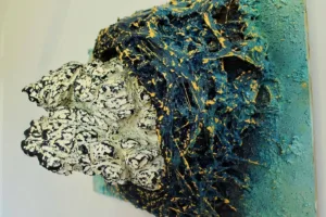 He Descended — painted relief; built up in heavy, tactile impasto; in oil on canvas; yellow, green, blue and white tones — detail 2 of 2, close-up of surface texture