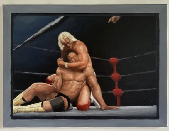Hulk Hogan — painting; of a portrait; in oil on canvas; orange, brown and black tones
