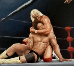 Hulk Hogan — painting; of a portrait; in oil on canvas; orange, brown and black tones — detail, close-up of surface texture