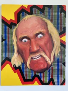 Hulk Hogan Portrait — painting; in oil on canvas; red, orange, yellow and black tones — detail, close-up of surface texture