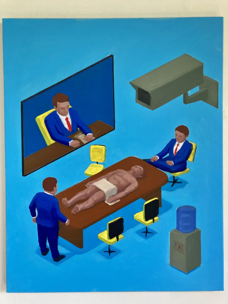 Human Resources In Isometric Perspective — painting; of a group of figures; in oil on canvas; blue and brown tones