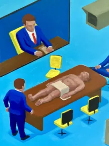 Human Resources In Isometric Perspective — painting; of a group of figures; in oil on canvas; blue and brown tones — detail 1 of 2, close-up of surface texture