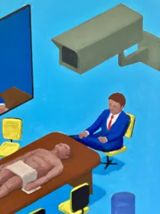 Human Resources In Isometric Perspective — painting; of a group of figures; in oil on canvas; blue and brown tones — detail 2 of 2, close-up of surface texture