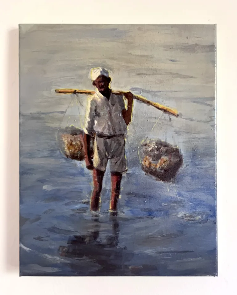 Indian Fisherman — painting; of a single figure; in acrylic on canvas; blue and gray tones