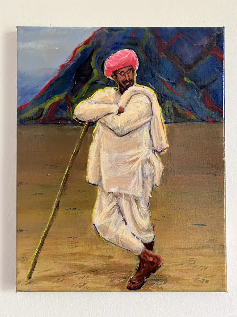 Indian Herder In Pink Turban — painting; of a single figure; in acrylic on canvas; blue, brown and white tones