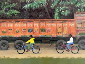 Indian Truck And Bicyclists Jungle — painting; of a single figure; in acrylic on canvas; orange, blue and brown tones — detail, close-up of surface texture
