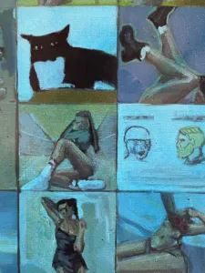 Instagram For You Page Female Figures — painting; in oil on canvas; black and blue tones — detail 2 of 4, close-up of surface texture