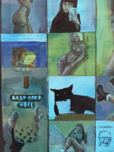 Instagram For You Page Female Figures — painting; in oil on canvas; black and blue tones — detail 3 of 4, close-up of surface texture