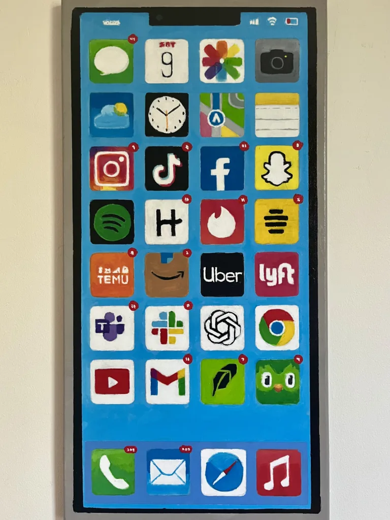 Iphone Activity As Character — painting; of an object; in acrylic on canvas; red, orange, yellow, blue and pink tones