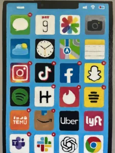 Iphone Activity As Character — painting; of an object; in acrylic on canvas; red, orange, yellow, blue and pink tones — detail 1 of 4, close-up of surface texture